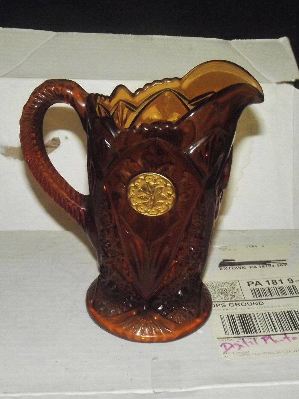 HTF EAPG Amber Daisies and Buttons with Floral Inlay Glass Pitcher